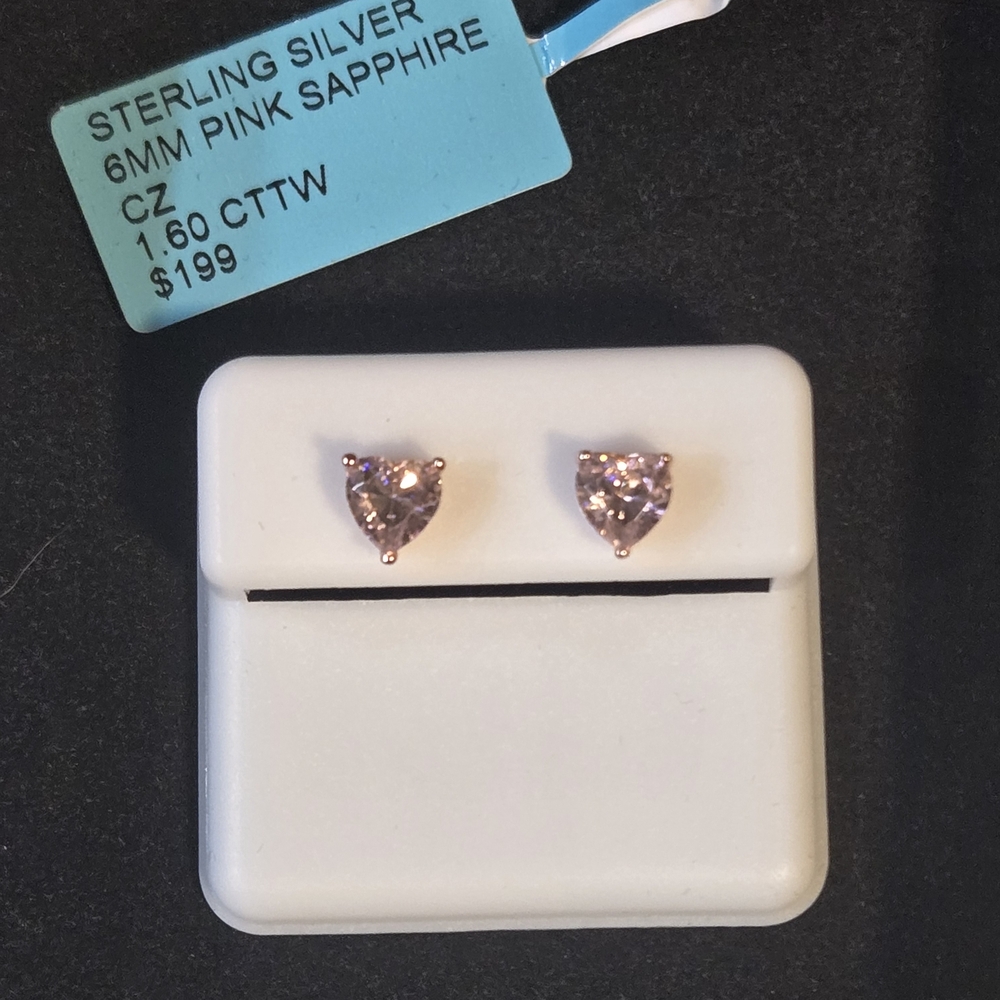 Heart Shaped Sterling Silver Pink Sapphire CZ Earrings